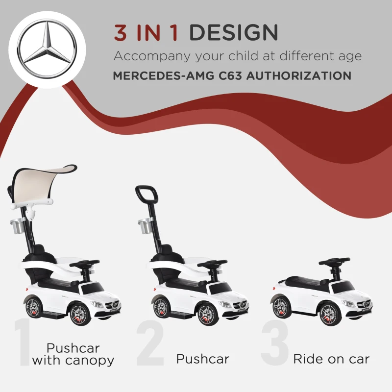 HOMCOM Compatible for 3 in 1 Ride on Push Car for Toddlers Pushcar Sliding Walking Car with Sun Canopy Horn Sound Safety Bar Cup Holder Toy for 1-3 Years Old Kids White