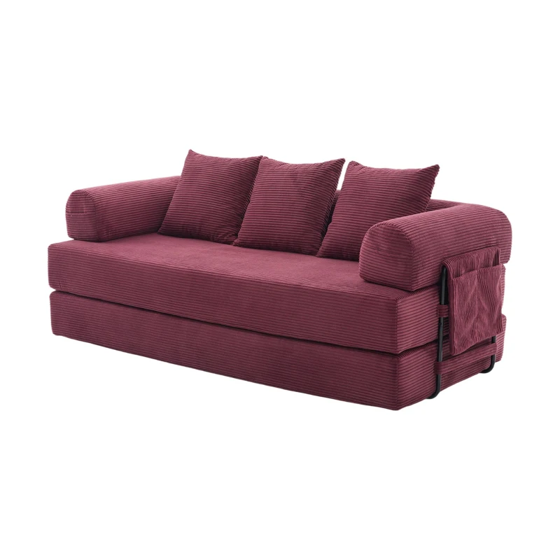 Cozy Compressible Folding Sofa with Detachable Metal Frame, Soft Modular Sectional Couch for Small Apartment, 110L x 33W x 33H cm, Wine Red