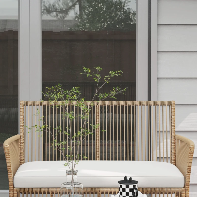 Outsunny Conjunto de Móveis de Jardim de Vime de 4 Peças de Varanda com 1 Sofá de 2 Lugares 2 Poltronas e Mesa de Centro Bege