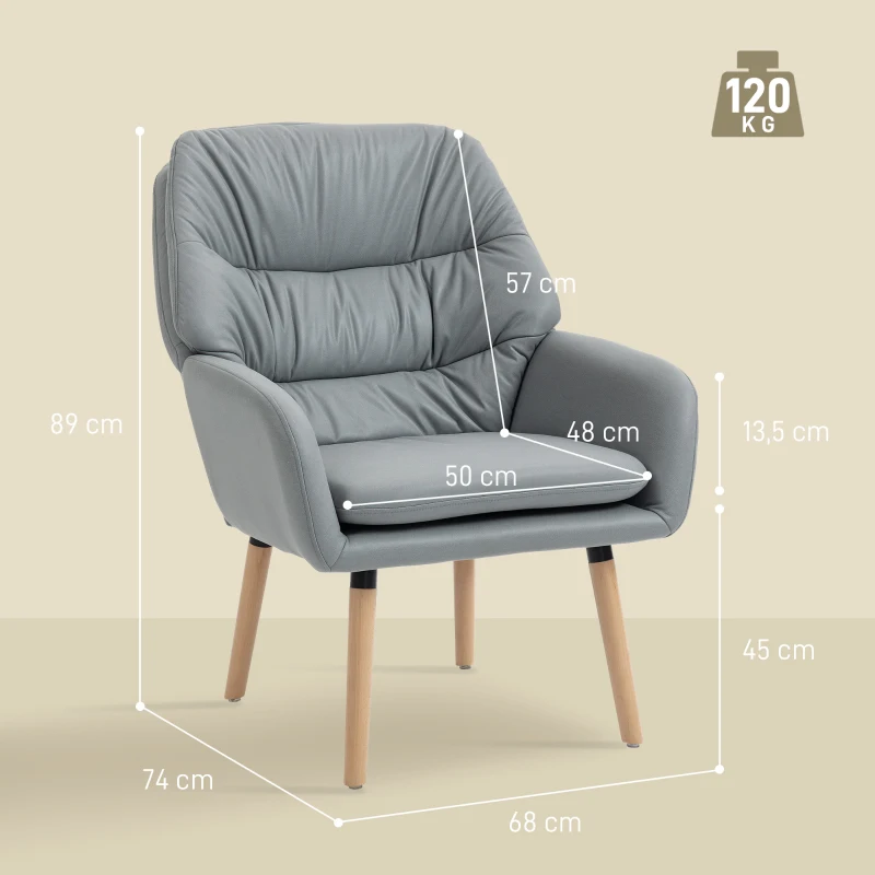 HOMCOM Poltrona de Sala de Estar Moderna Acolchoada de Dupla Camada Estofada em Couro Sintético Pés de Madeira 68x74x89 cm Cinza