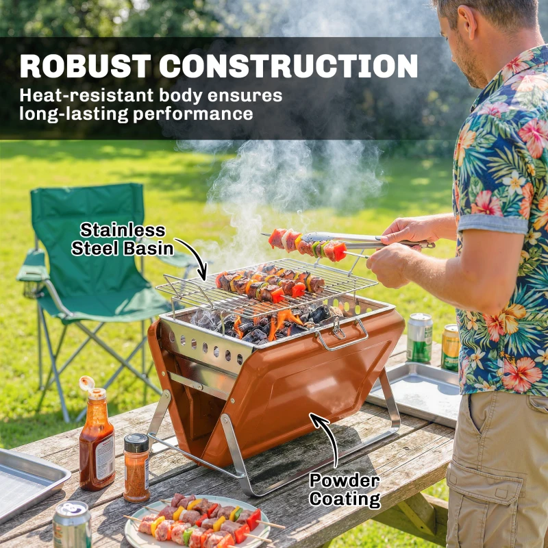 Outsunny Charcoal BBQ Grill Portable Stainless Steel Barbecue with Tilting Grate for Camping Picnic Garden Orange