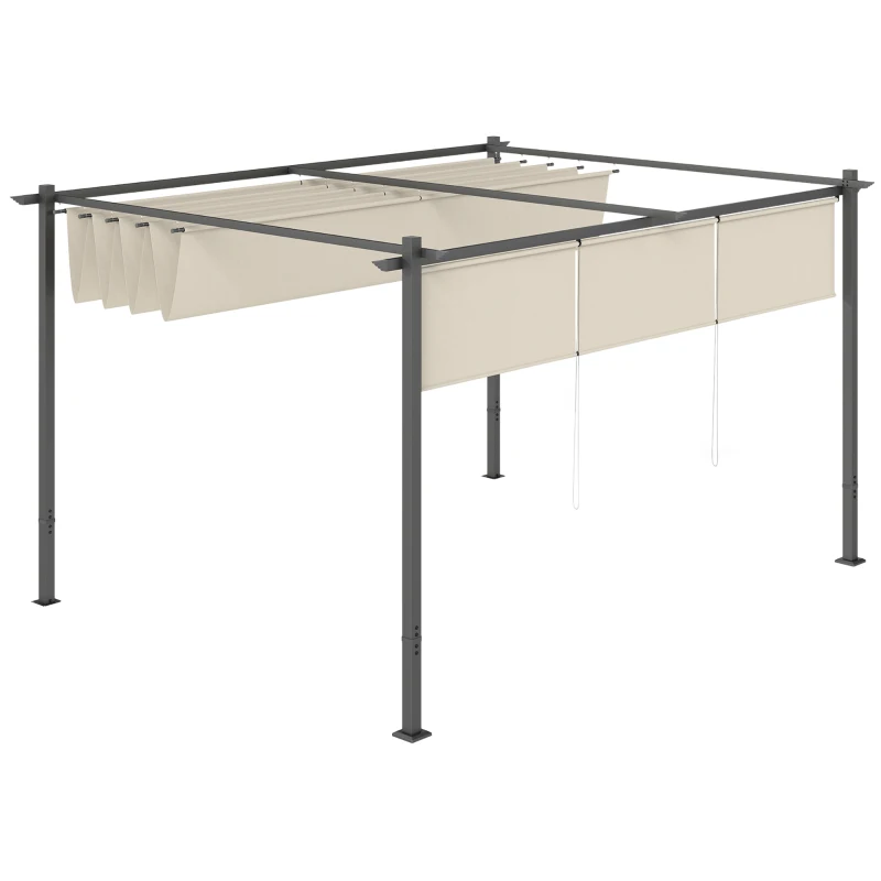 Outsunny 3 x 4m Metal Pergola with Retractable Roof and Roller Shade, Free Standing Gazebo Canopy Pergola Kit, UPF30+ Outdoor Sun Shelter, Beige