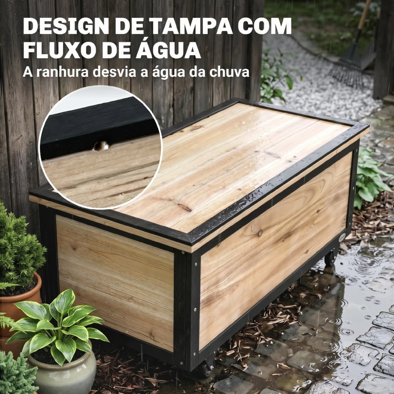 Outsunny Baú de Exterior 121 L Baú de Armazenamento em Madeira com 4 Rodas para Jardim Pátio Varanda 100x50x43 cm Natural e Preto