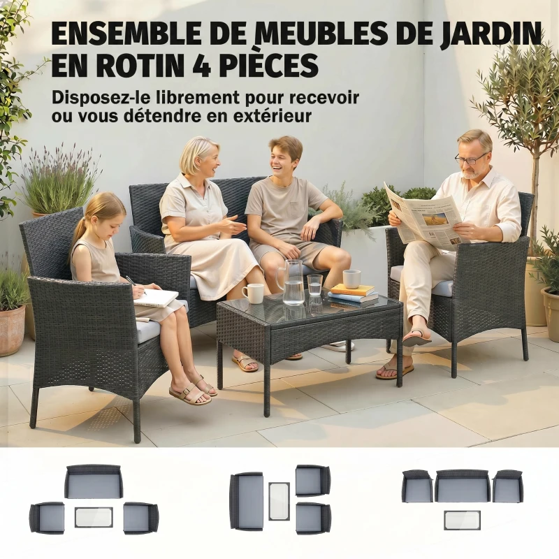 Outsunny Salon de jardin extérieur 4 personnes en résine tressée avec canapés et table basse en verre trempé coussins inclus gris