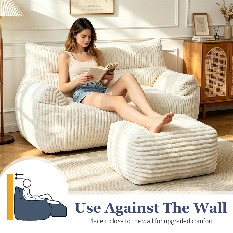 Oversized 2-Seater Corduroy Sofa with Ottoman, Comfortable Couch for Couples and Family, 100L x 135W x 75H cm, White