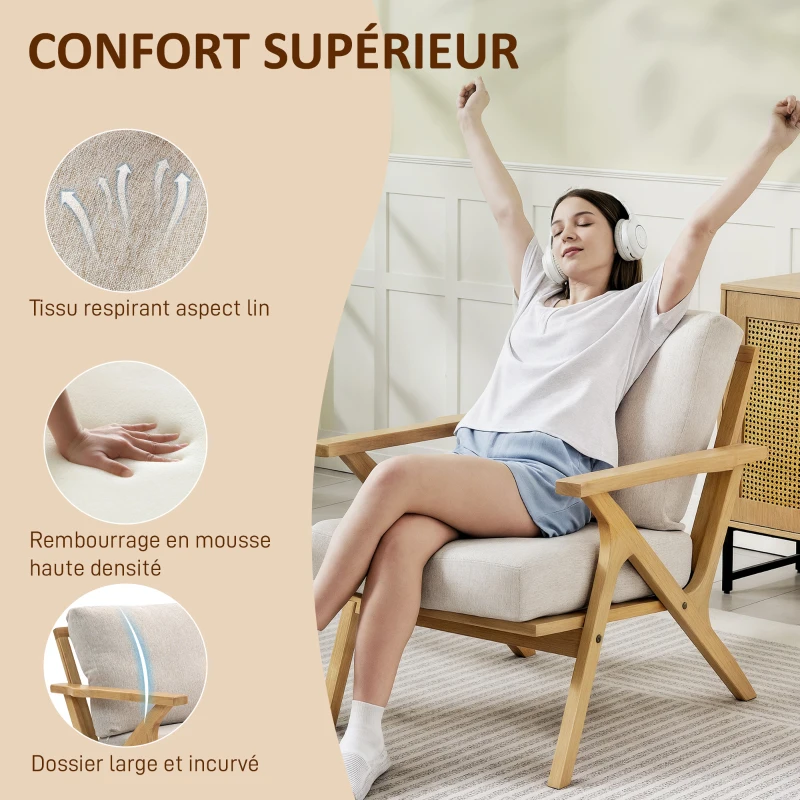 HOMCOM Fauteuil salon, fauteuil scandinave en tissu effet lin, coussins rembourrée et pieds en bois d'hévéa, 76x87x88cm, beige