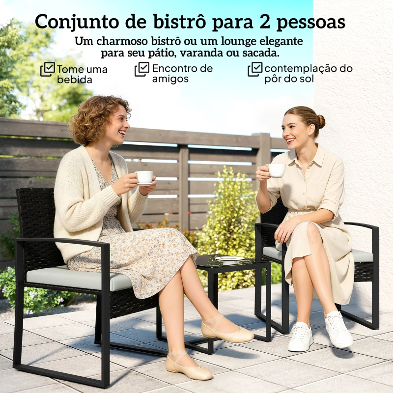 Outsunny Conjunto de Móveis de Exterior de 3 Peças em Vime PE com Cadeiras Mesa de Vidro Temperado e Almofadas Marrom e Creme