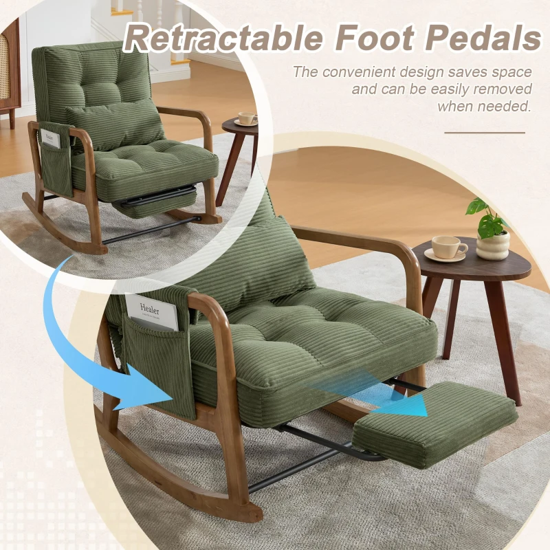Cozy Rocking Chair with Adjustable Footrest and Side Pocket, Soft Corduroy Glider Armchair for Nursery, 92L x 80W x 70H cm, Green