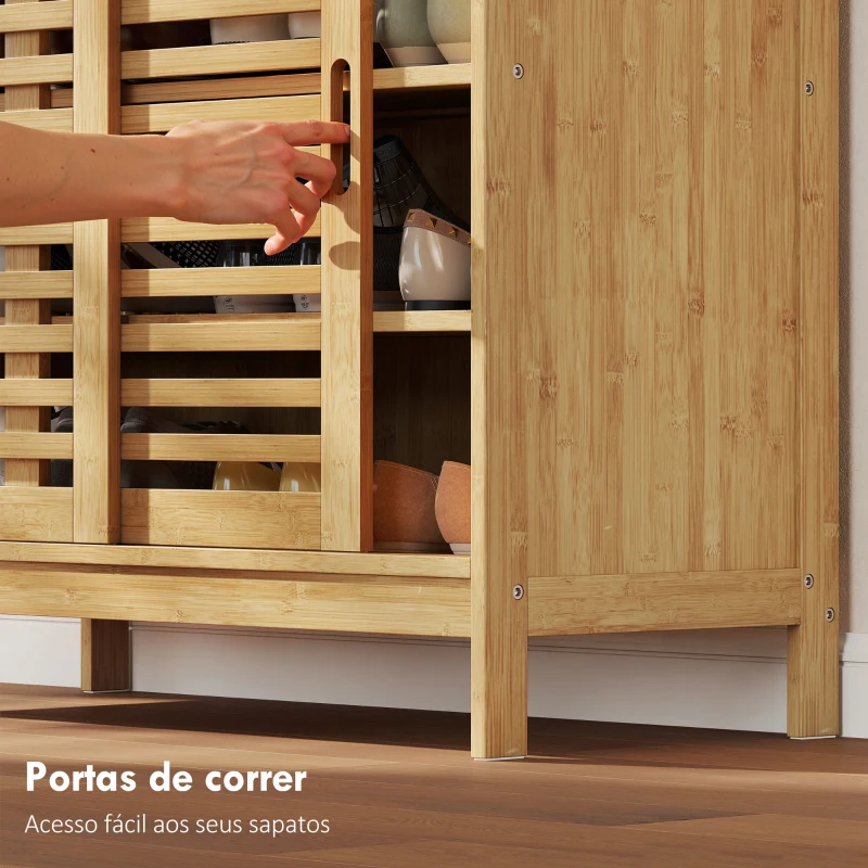 HOMCOM Sapateira de Bambu com 2 Portas de Correr de Ripas Sapateira de Entrada com Prateleiras Ajustáveis para 16 Pares de Sapatos 80x35x80 cm Madeira