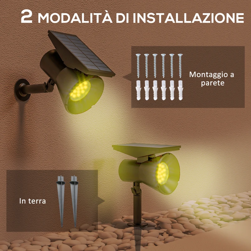 Outsunny Set 2 Luci da Giardino Solari RGB con 2 Modalità di Illuminazione, in PP e PC, 10.6x15x38 cm, Nero