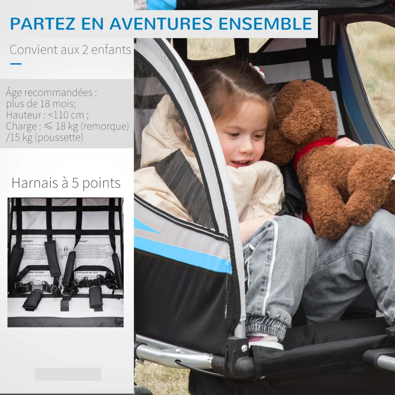 HOMCOM Remorque vélo pour enfant 2 en 1 convertible jogger poussette capacité 26,4 kg avec réflecteurs et drapeau - 2 places  - bleu