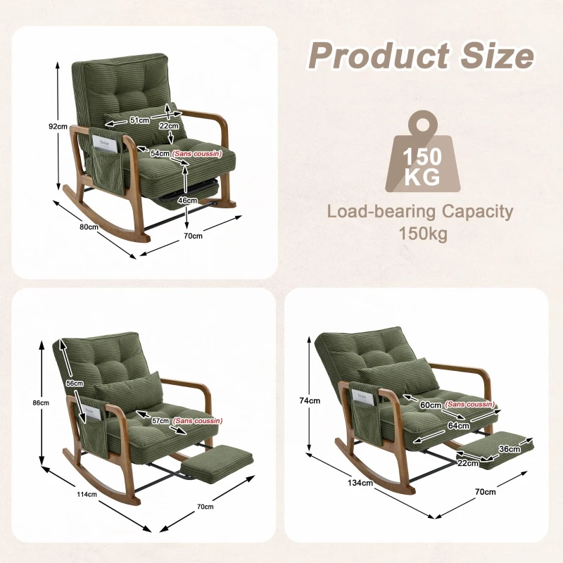 Cozy Rocking Chair with Adjustable Footrest and Side Pocket, Soft Corduroy Glider Armchair for Nursery, 92L x 80W x 70H cm, Green
