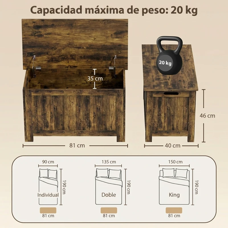 HOMCOM Baúl de Almacenamiento con Tapa Abatible Cofre de Juguetes con Bisagras de Seguridad Marrón Rústico