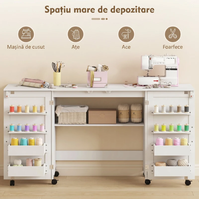 HOMCOM Masă de Cusut Pliabilă pentru Mașină de Cusut cu Rafturi, 20 Suporturi pentru Bobine, Roți Blocabile, Albă