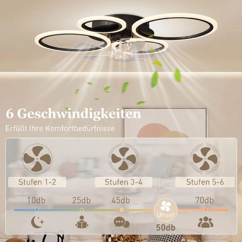 HOMCOM Deckenventilator mit Licht und Fernbedienung, 77 cm LED-Deckenventilator mit 3 Lichtfarben, 6 Geschwindigkeiten, Timer