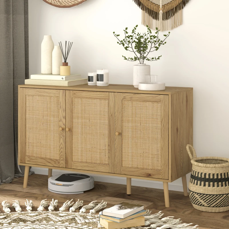 HOMCOM Aparador para Sala de Estar com 3 Portas em Vime Aparador Estilo Boémio, com Prateleiras Ajustáveis 120x40x75 cm Madeira