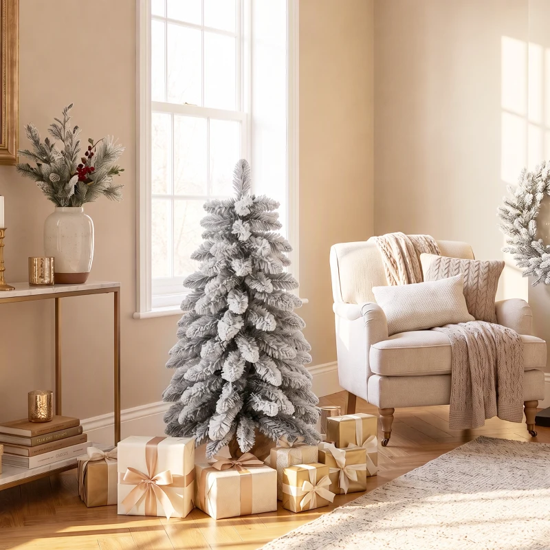 HOMCOM Sapin de Noël Artificiel 90 cm, 107 Embouts de Branches Enneigés en PVC, Base en Toile de Jute, Montage Rapide, Blanc