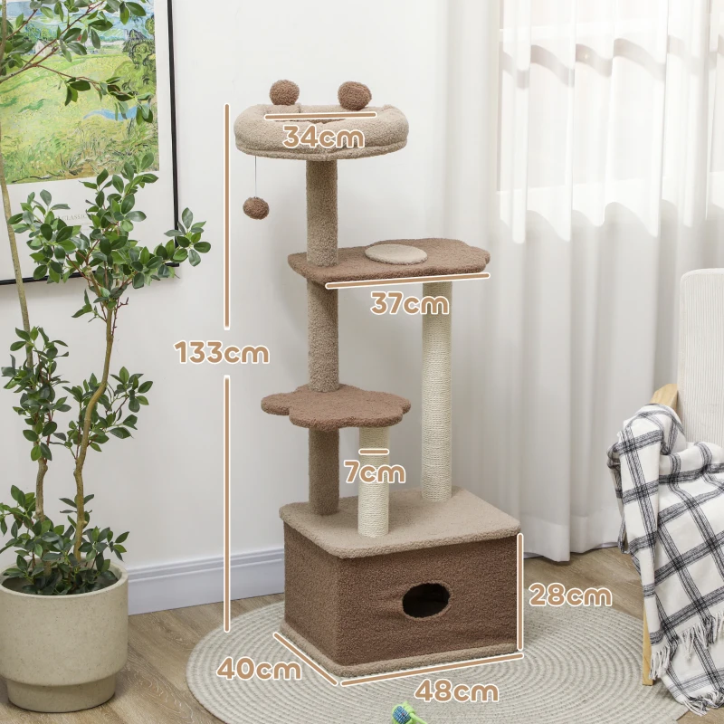 PawHut Arranhador para Gatos com Cama Caverna Plataformas Bola Suspensa e Poste de Juta 48x40x133 cm Marrom
