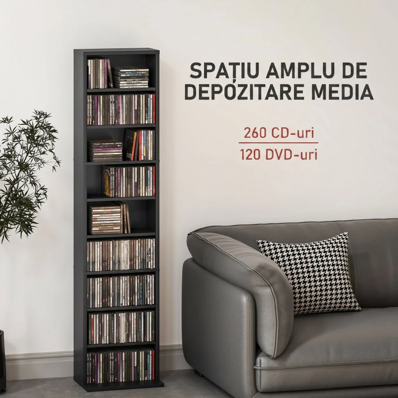 HOMCOM Raft pentru CD-uri cu 9 Rafturi Reglabile, Capacitate pentru 260 CD-uri/120 DVD-uri, 33x24x140 cm, Negru
