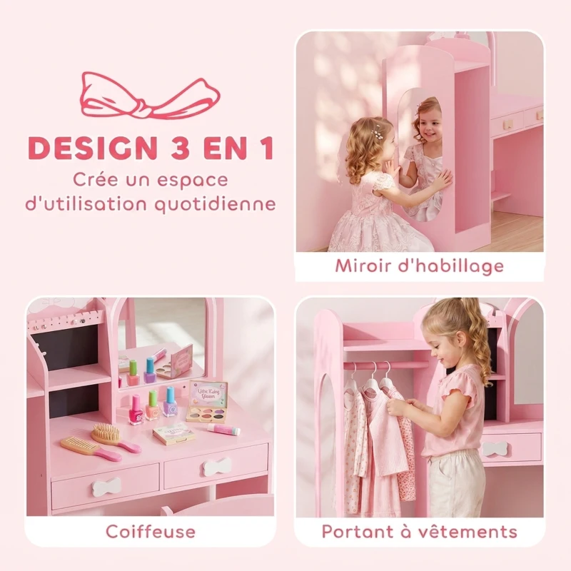 AIYAPLAY Coiffeuse pour Enfants avec Tabouret et Miroir Lumineux à 2 Couleurs en Acrylique, Coiffeuse Bureau Fille 3-8 Ans, Rose