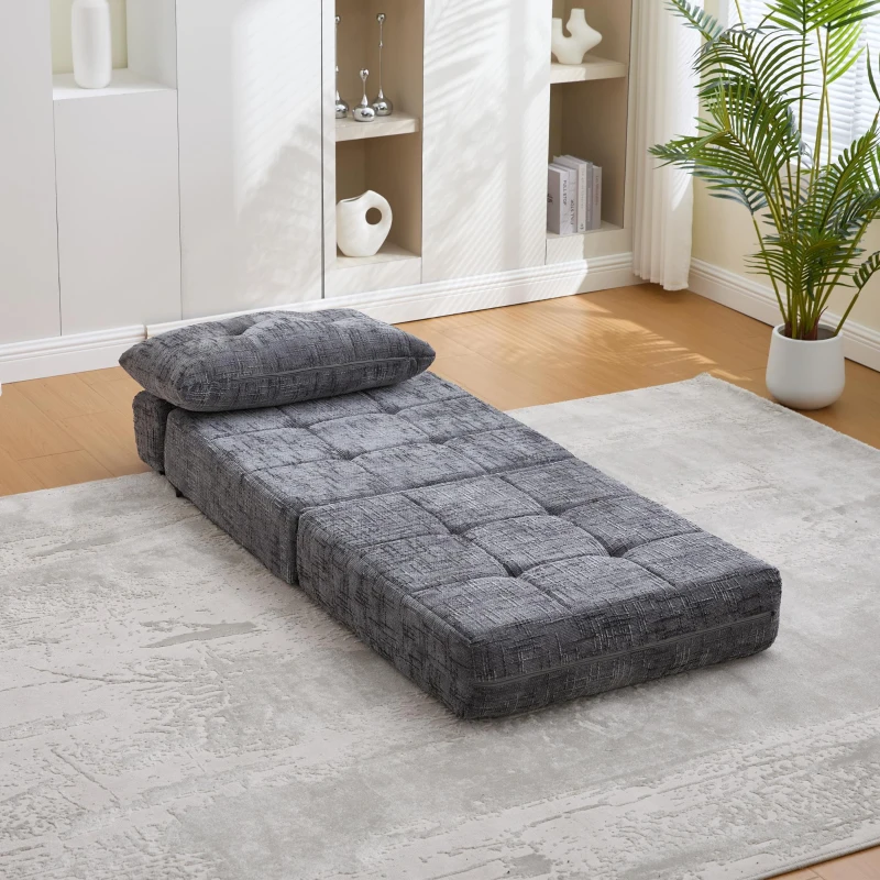 Cozy Convertible Floor Sofa Bed with Button-Tufted Detailing, Soft Chenille Folding Sleeper Couch for Living Room, 180L x 79W x 57H cm, Gray
