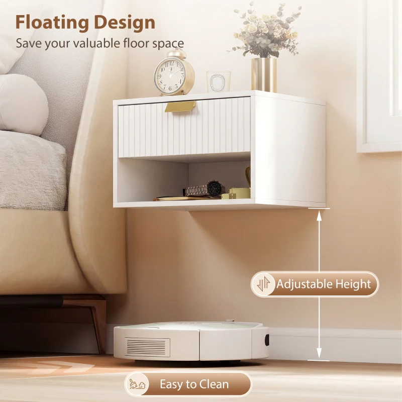 HOMCOM Set of 2 Wall Mounted Nightstands, Floating Bedside Tables with Fluted Drawer and Open Shelf for Small Bedroom, White