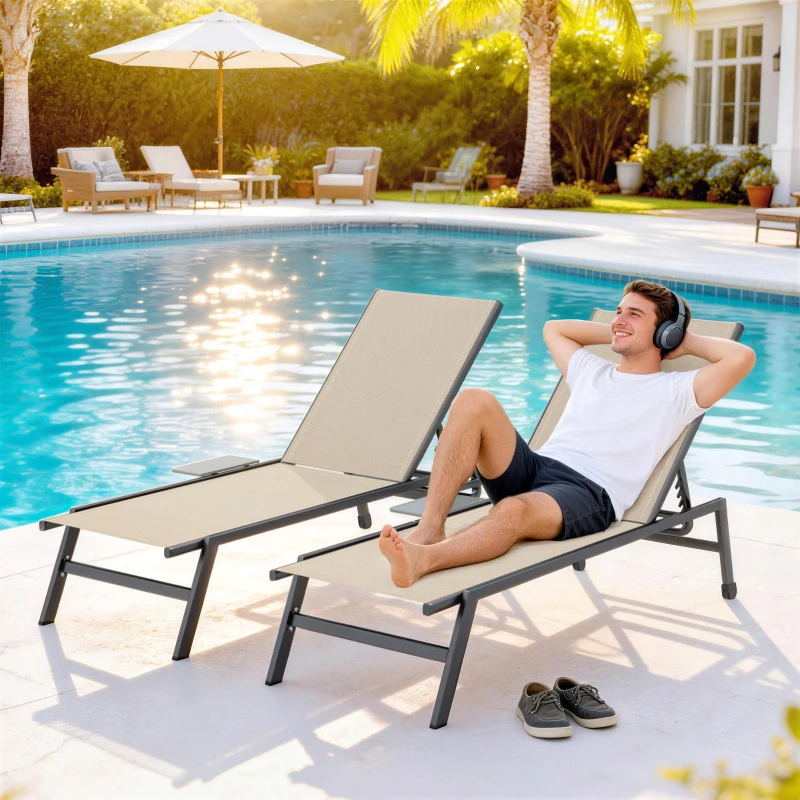 Outsunny Sun Loungers Set of 2 with Side Tray Table, Garden Recliners with 5-Position Adjustable Backrest, 2 Wheels, Khaki