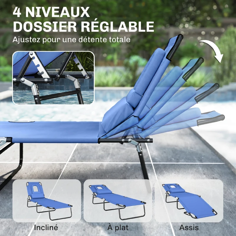 Outsunny Bain de Soleil Pliable transat inclinable 4 Positions Chaise Longue 3 Coussins fournis Bleu