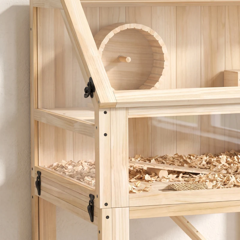 PawHut Jaula para Hámster de Madera 3 Nivles con Base Desmontable Profundo Balancín Rueda de Ejercicio Rampas Casita Natural