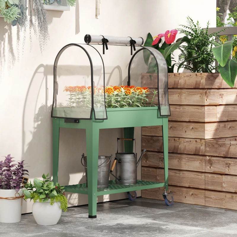 Outsunny Huerto Urbano Elevado con Ruedas Cubierta de Invernadero y Estante Inferior para Cultivo Plantas 80x40x120 cm Verde