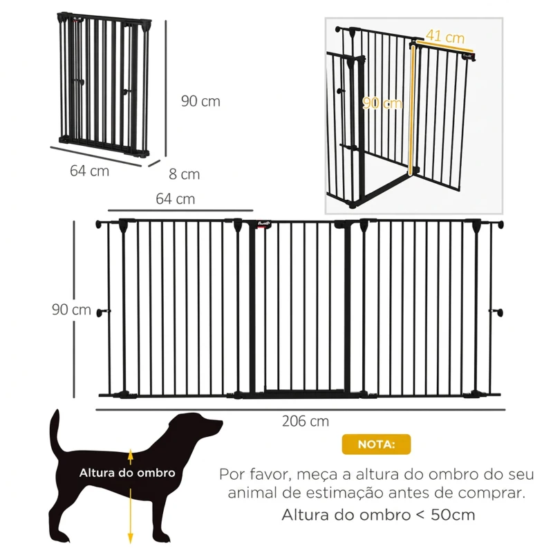 PawHut Barreira para Cães de Aço Barreira de Segurança para Animais de Estimação Dobrável de 3 Painéis Duplo Fechamento 206x90 cm Preto