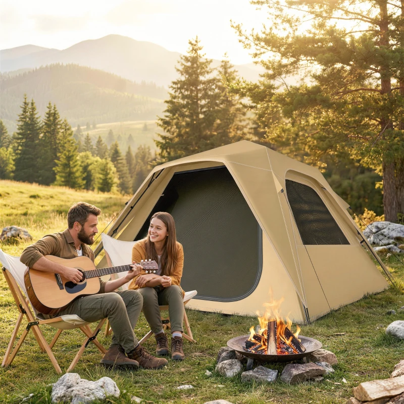 Outsunny Tenda de Campanha Instantânea, Janelas de Rede e Bolsa de Transporte Impermeável para 2-3 Pessoas, Caqui