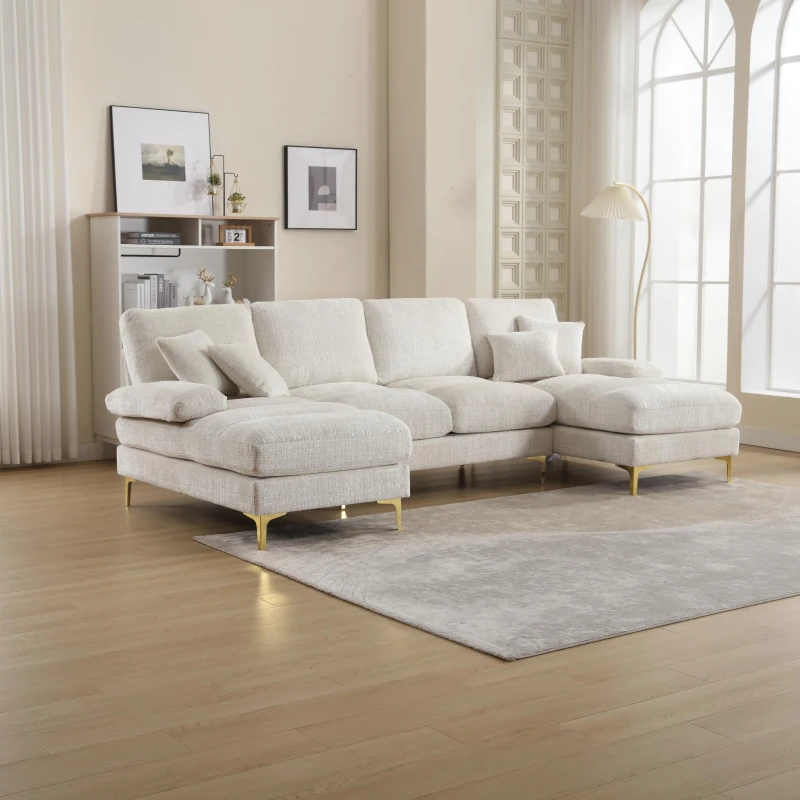 Modern U-Shaped Sectional Sofa with Double Chaise Lounge, Soft Chenille Modular Couch for Living Room, 272L x 136W x 88H cm, Beige