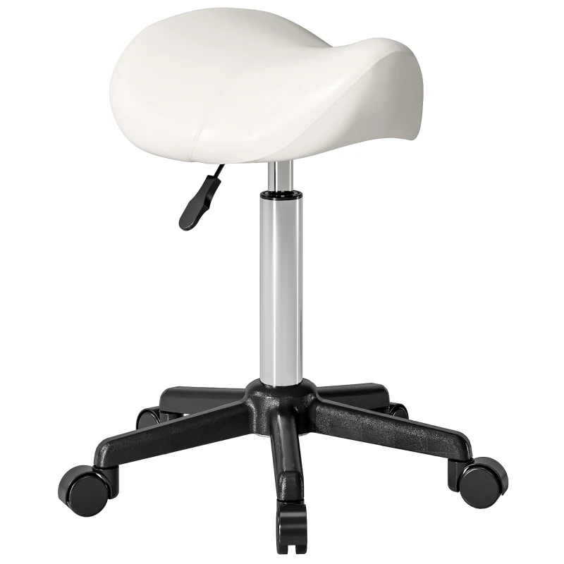 HOMCOM Tabouret à roulettes, chaise de travail avec hauteur réglable 45-57 cm et selle ergonomique, 48x47x45-57cm, blanc