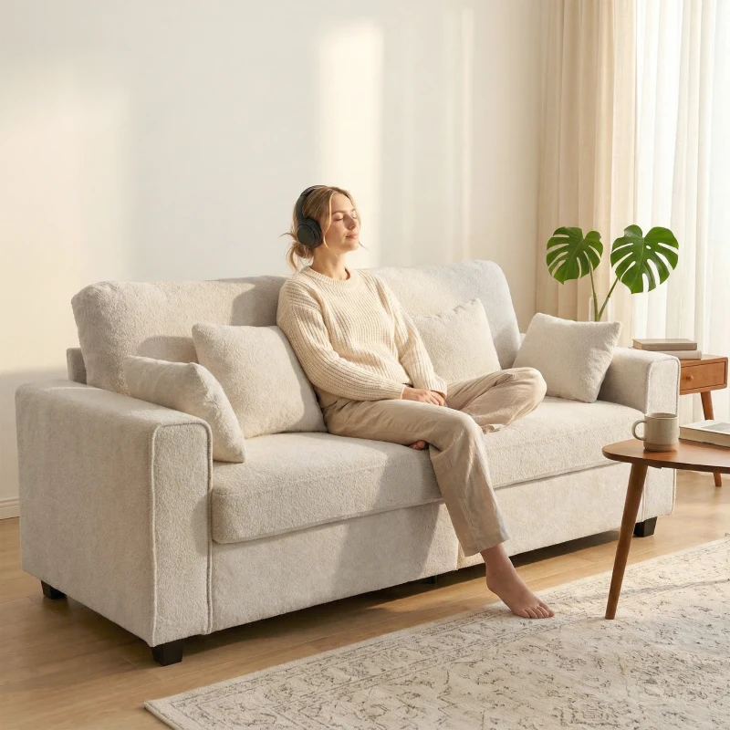 HOMCOM Beiges 3-Sitzer-Sofa mit Raindrop-Samtbezug, tiefem Sitz, Federkissen, breiten Armlehnen und 4 Kissen