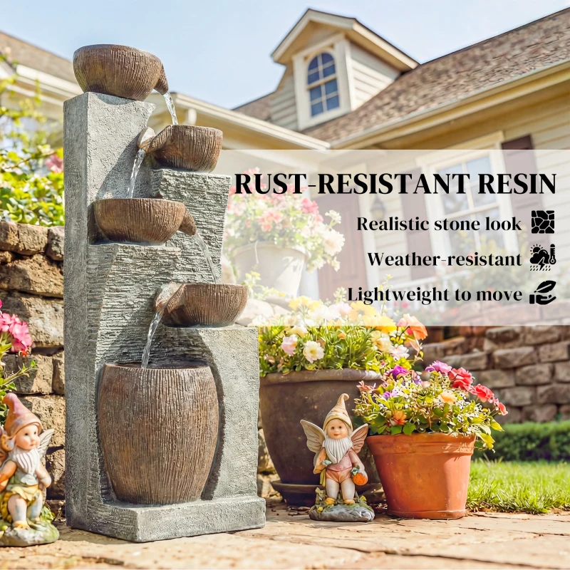 Outsunny Outdoor Fountain with 5-Tier, Garden Fountain with LED Lights, Adjustable Flow, Grey and Rustic Brown