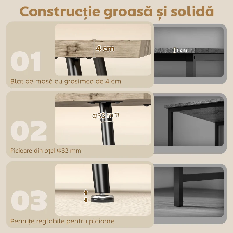 HOMCOM Masă de cafea stil nordic cu picioare reglabile, din lemn și oțel, 100x50x45 cm, negru și stejar