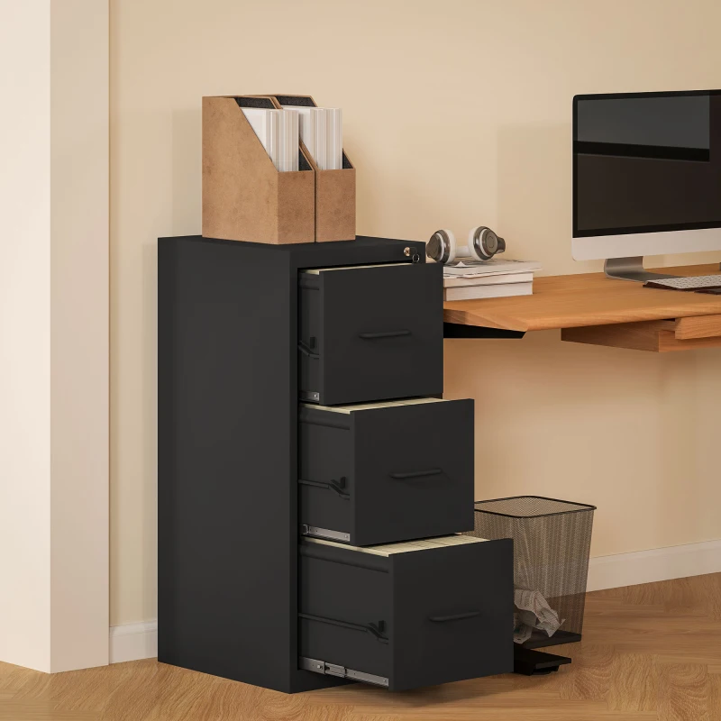 HOMCOM Schedario Portadocumenti Minimal a 3 Cassetti con Barra Regolabile, in Acciaio, 36.5x46.2x99 cm, Nero