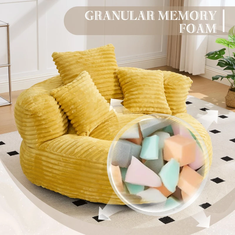 Plush Oversized Bean Bag Chair with High Back & 3 Pillows, Cozy Corduroy Floor Lounger Sofa for Living Room, 108L x 108W x 52H cm, Mustard Yellow