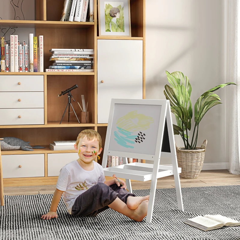 AIYAPLAY Kids Easel, Art Easel with Double Sided Whiteboard, Chalkboard, Storage, 2 in 1 Standing Easel for Toddlers 18-48 Months, White