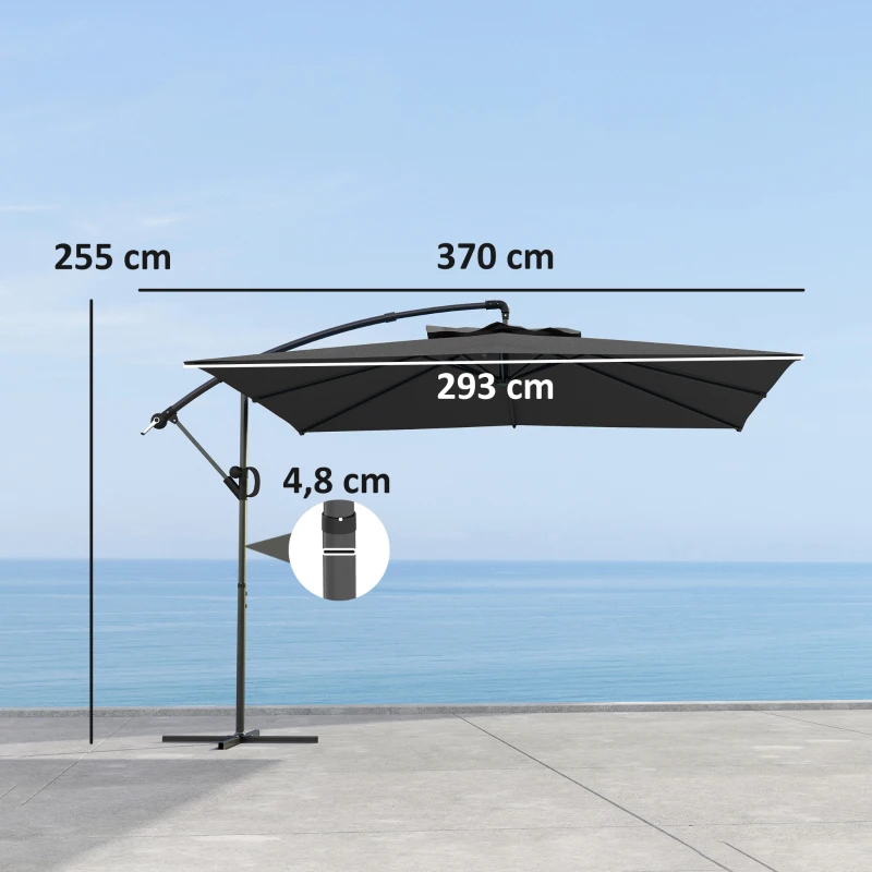 Outsunny Parasol déporté carré 3 x 3 m avec manivelle, base croisée, parasol inclinable rotation à 360° toile 180 g/m² gris foncé