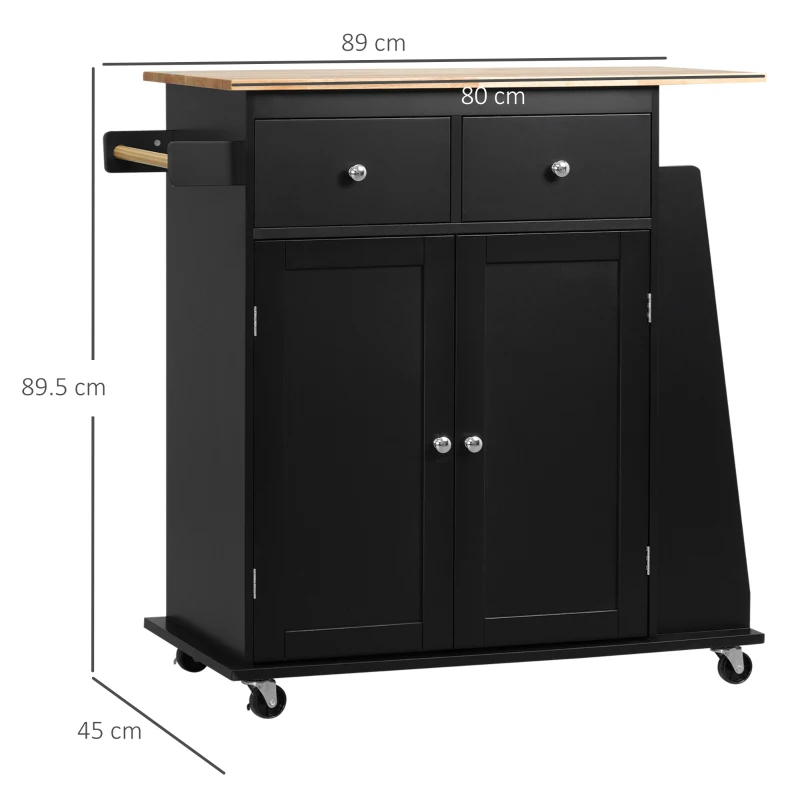 HOMCOM Cărucior de Bucătărie cu Dulap, 2 Sertare și Suport pentru Condimente, Insulă de Bucătărie din Lemn, 89x45x89.5cm, Negru(m-3)