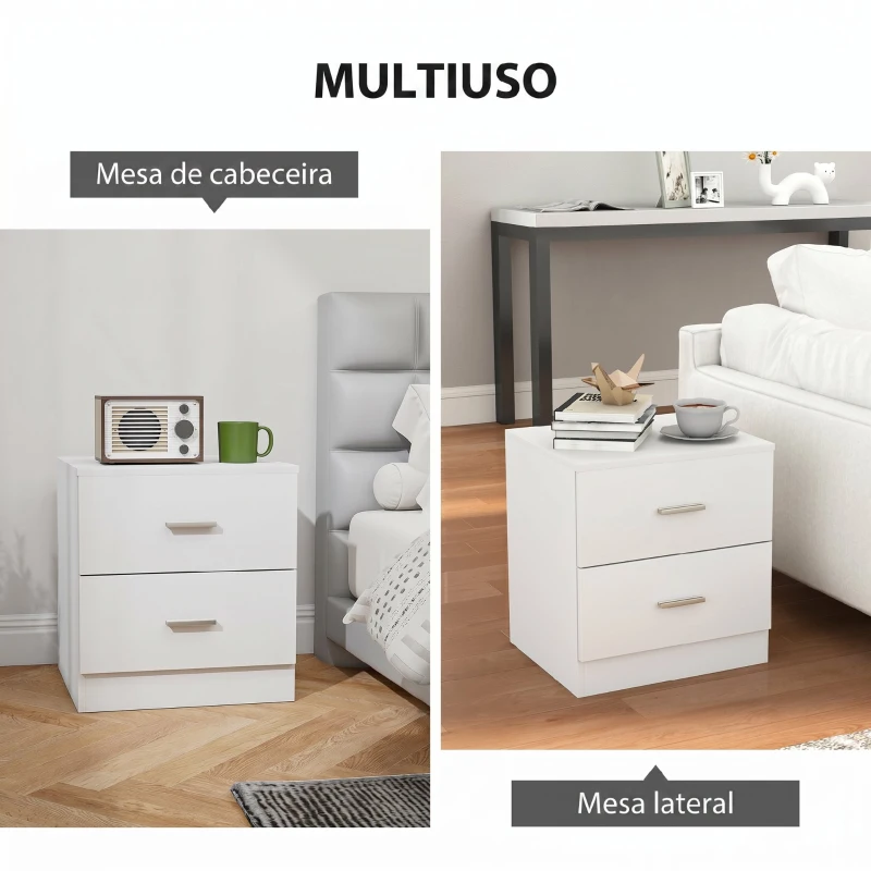HOMCOM Mesa de Cabeceira Moderna Mesinha de Cabeceira com 2 Gavetas para Sala Quarto Capacidade 30 kg 45x39,5x49 cm Branco