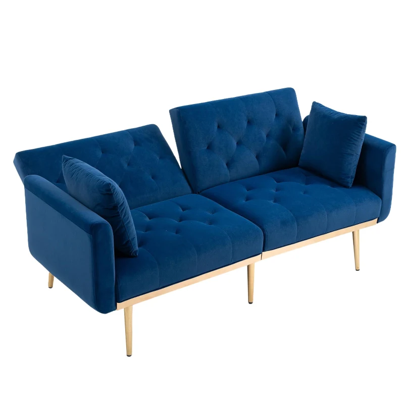 Modern 2-Seater Sofa Bed with 3-Position Adjustable Backrest, Soft Velvet Convertible Couch for Living Room, 72.5L x 165W x 75H cm, Navy