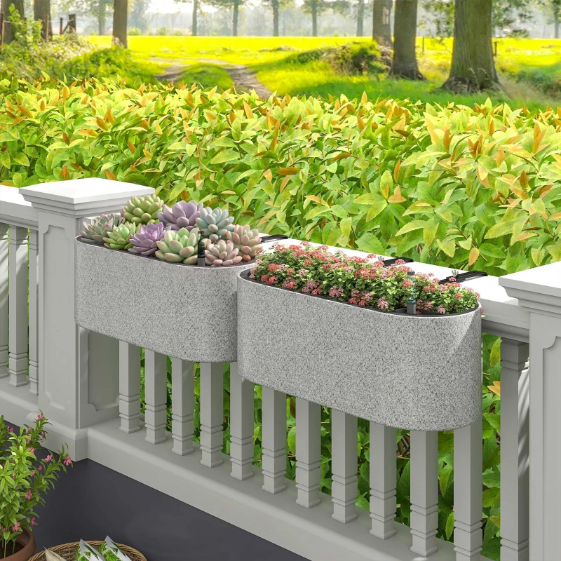Outsunny 2er Set Blumentopf Hängend Pflanzkübel mit Ablaufsystem Loch Haken 42 x 16 x 15 cm Hellgrau