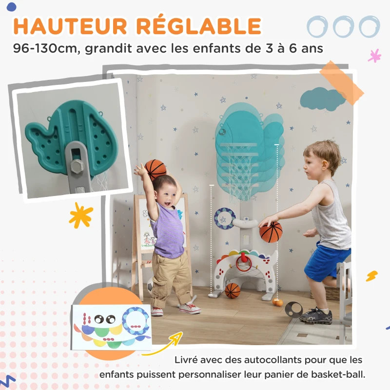 AIYAPLAY Panier de basket-ball pour enfants 5 en 1 hauteur réglable but de football balle de golf lancer d'anneaux bleu et gris