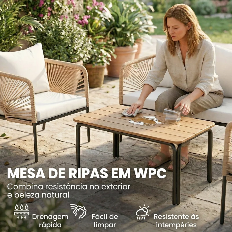 Outsunny Conjunto Jardim de 4 Peças Móveis de Exterior com Sofá de 2 Lugares 2 Poltronas e Mesa de WPC Branco e Castanho