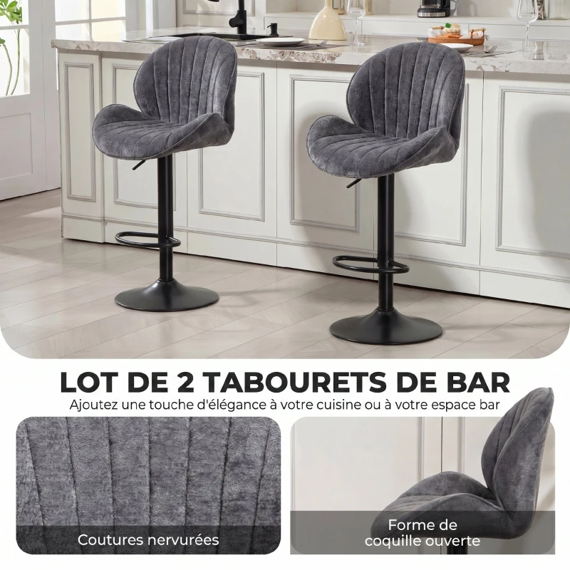 HOMCOM Lot de 2 Tabourets de Bar, Hauteur Réglable, Pivotant 360°, Siège Rembourré, Dossier et Repose-pieds, Gris