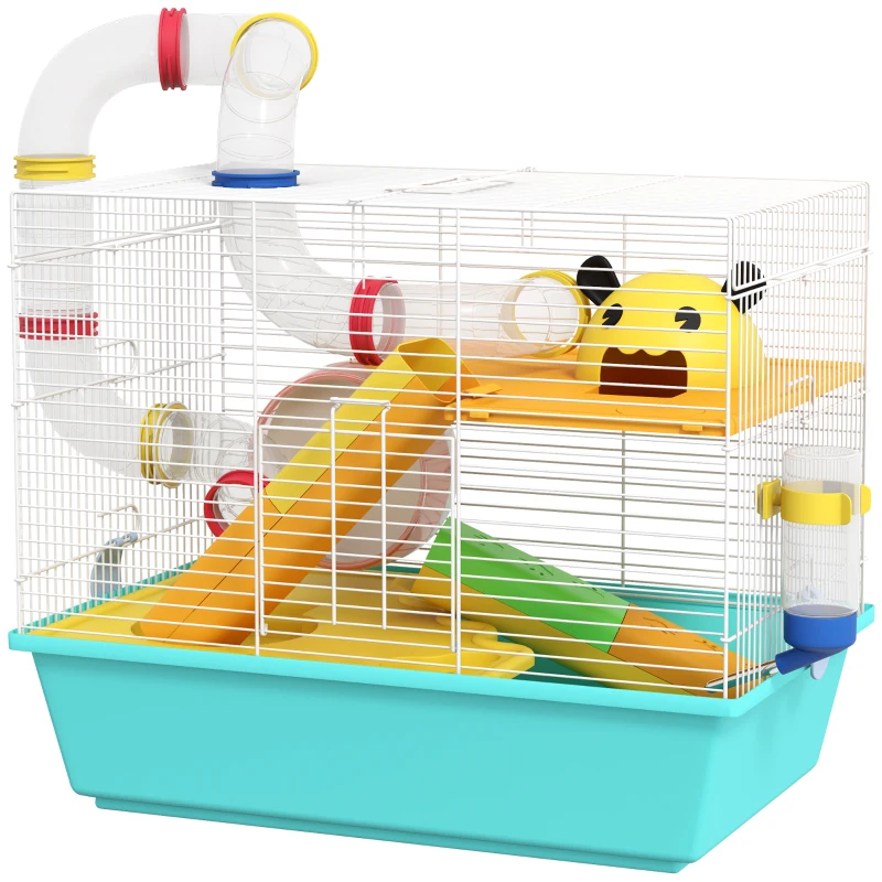 PawHut Cușcă pentru Hamsteri cu Roată, Căsuță, Bol, Rampe și Recipient Apă, Cușcă pentru Gerbili din Oțel, PS și PP, 45x28x37 cm, Alb și Albastru