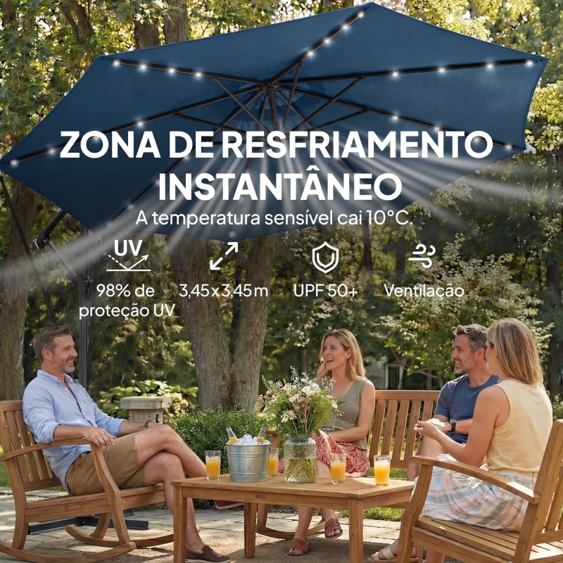 Outsunny Chapéu de Sol Excêntrico com Luzes LED Solares Ø345 cm Base Cruzada Manivela Capa Protetora Azul